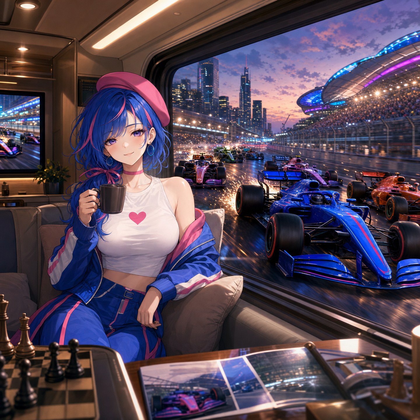 シムレーシング最終戦、優勝をかけた激しいバトルが繰り広げられる夜のサーキット。鮮やかな単色のレーシングカーが接戦を繰り広げる。