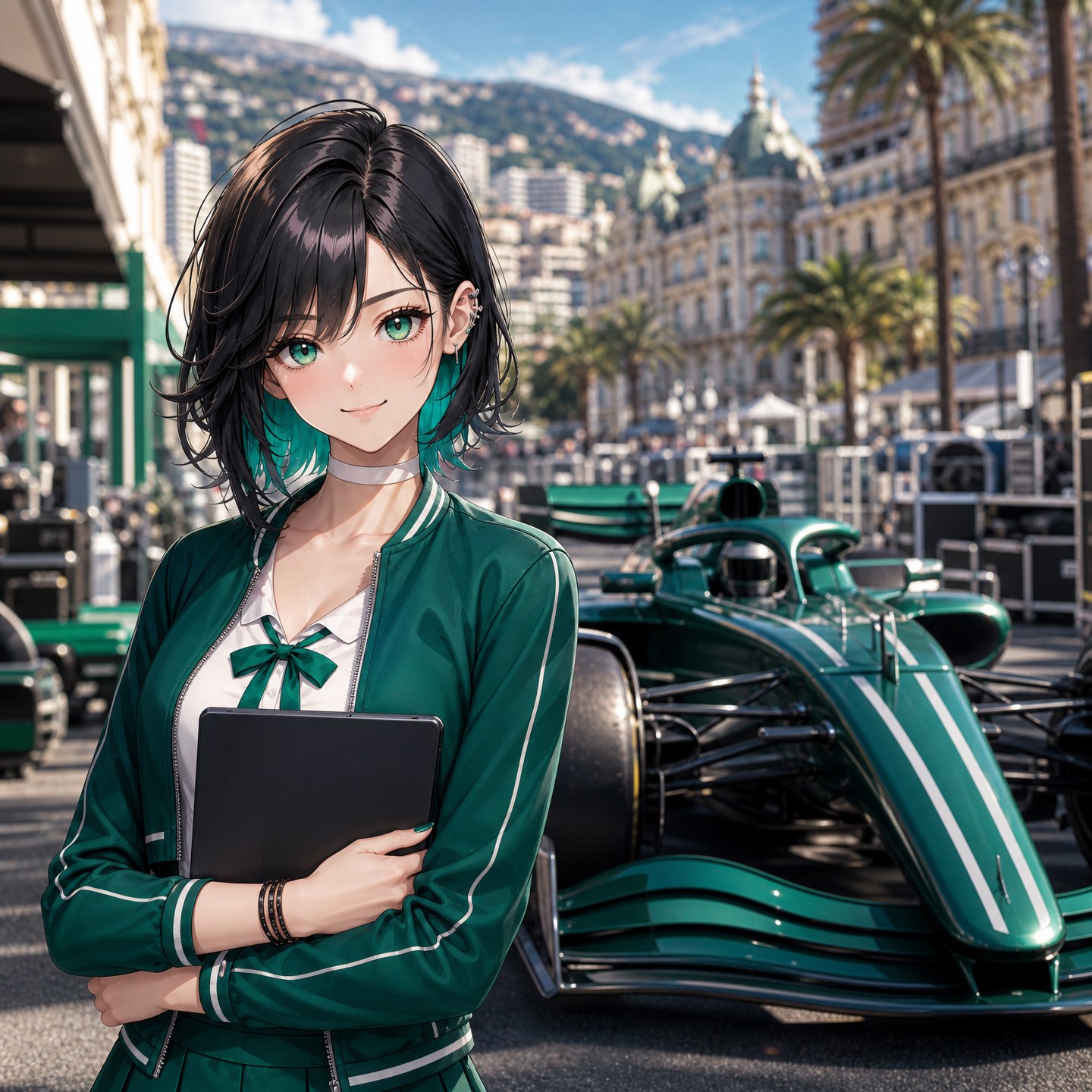 モナコの豪華な港とF1マシンの走行シーン