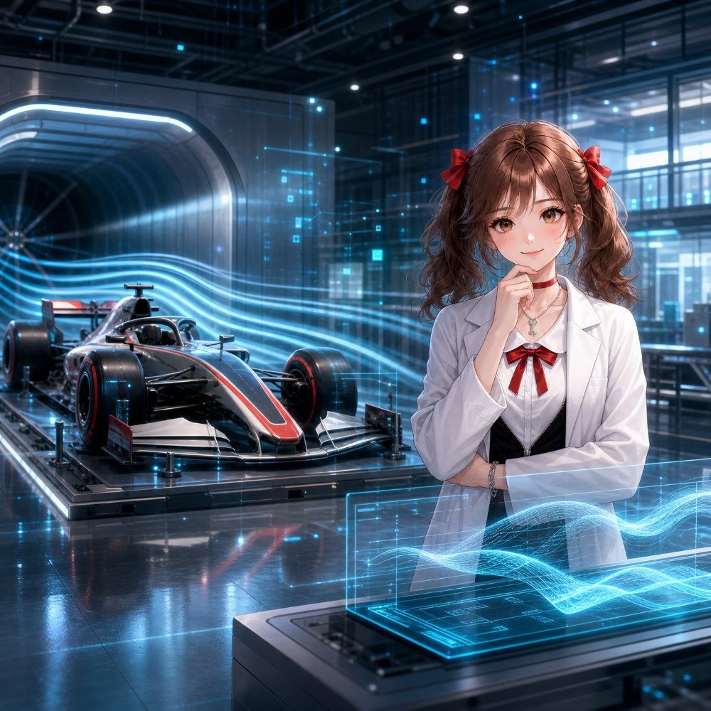 風洞でテストされるレースカーと、流れる気流の可視化