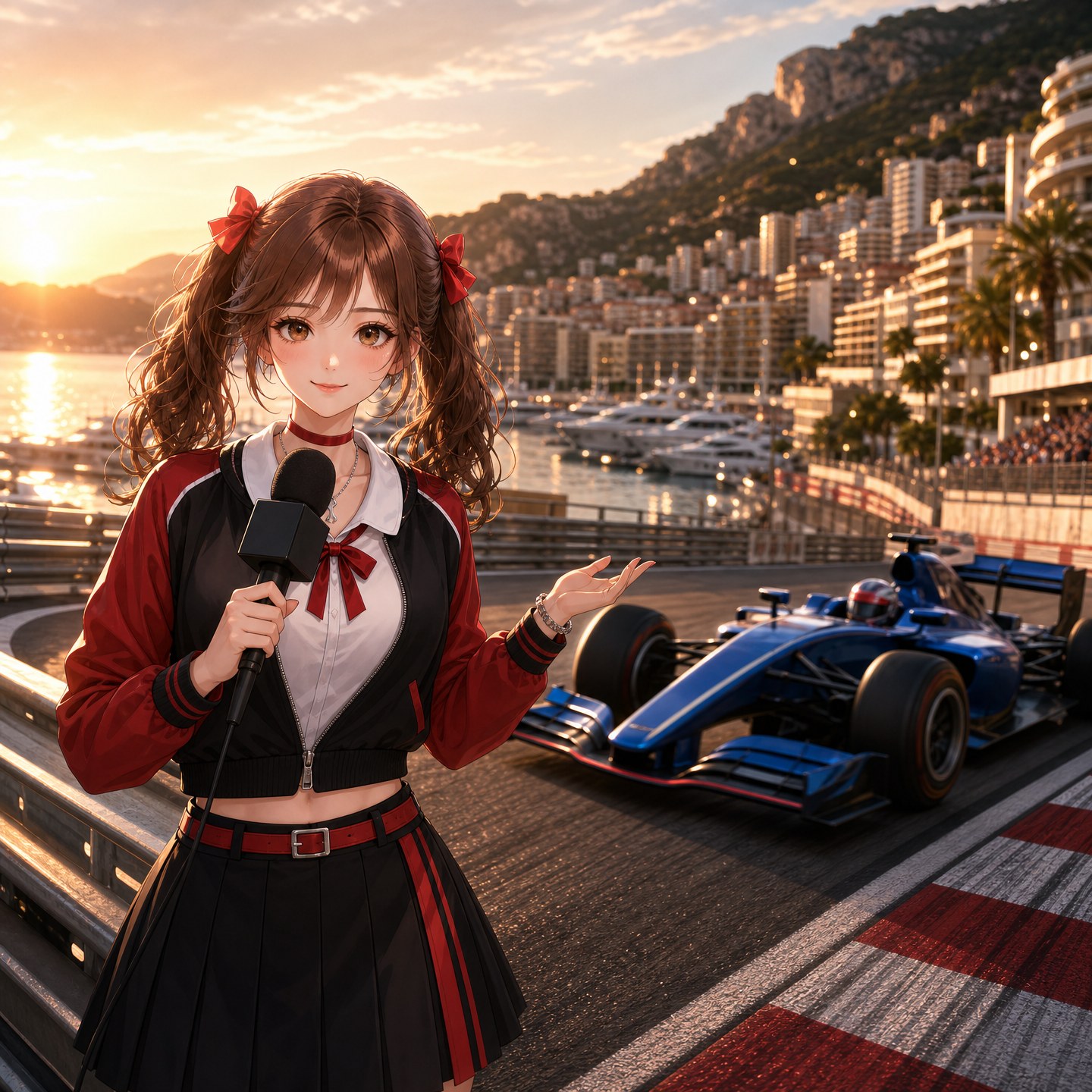 モナコのきらびやかな港を背景に、F1マシンが高速でコーナーを駆け抜ける。水面に光が反射し、美しい街並みが広がる。