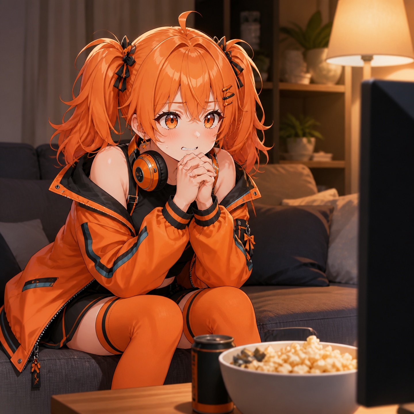 papaya オレンジの元気っ娘ファン、画面前で前のめりに観戦する横顔