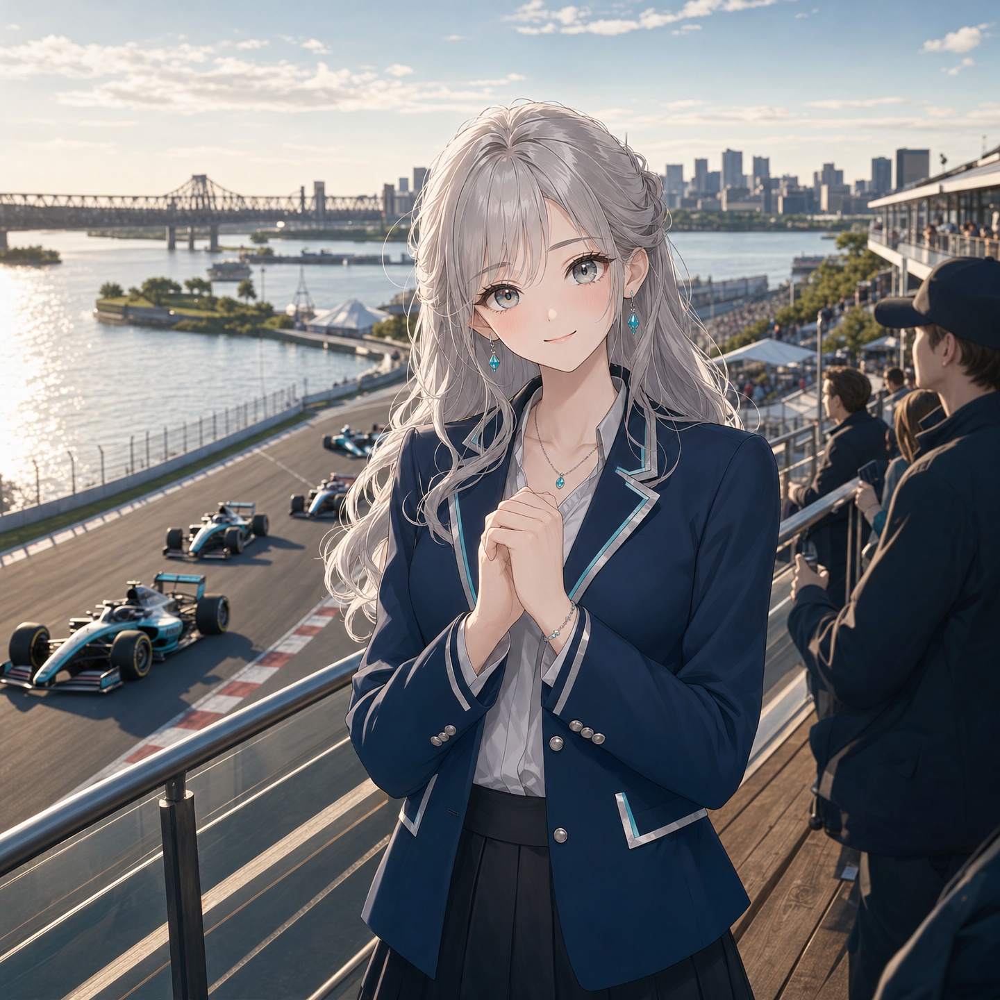 銀色のマシンを優雅に見つめるファンの少女、夕暮れのモントリオール