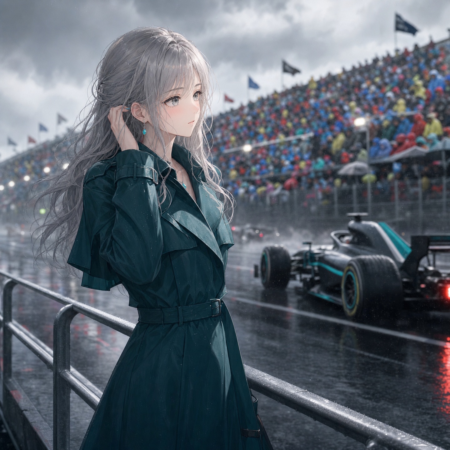 雨模様のサーキットで、頭に手をやり俯く若きメルセデスドライバー。悔しさを滲ませる彼の背後には、ぼんやりと観客席が見える。