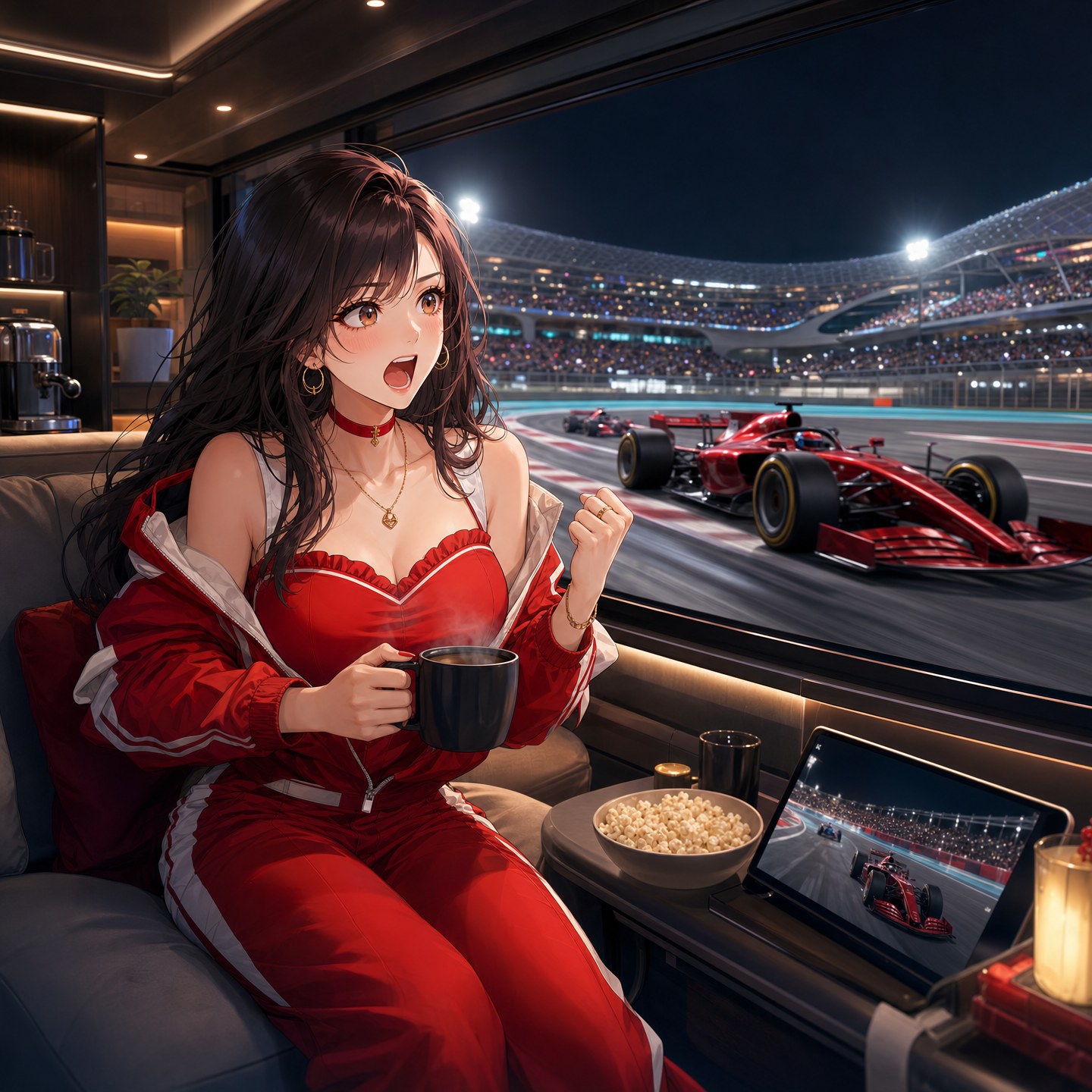 夜のアブダビGPサーキットを疾走するシムレーシングカー。スタートグリッドの熱気と光の軌跡。