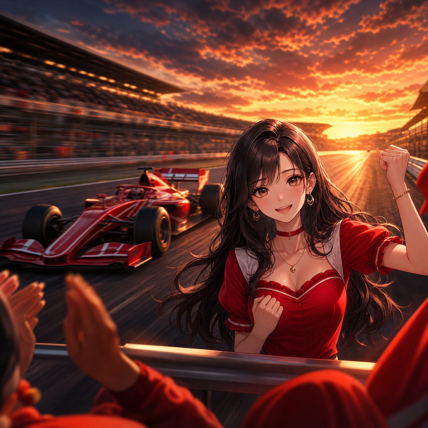 カナダGPの表彰台で笑顔を見せるルイス・ハミルトンとフェラーリチームのメンバー。