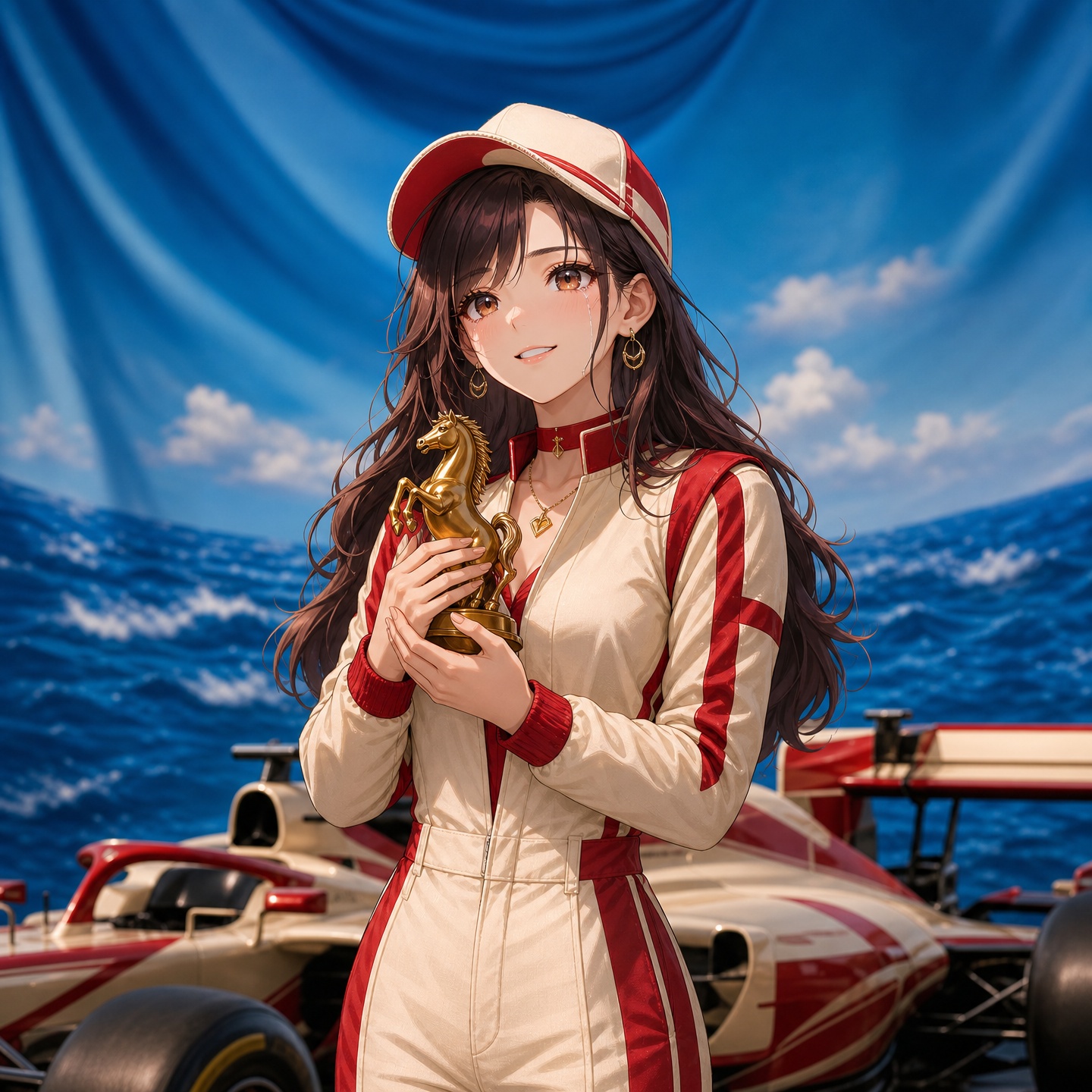 青い海を背景に、クリーム色の特別レーススーツとキャップをまとい、襟元を掴む男性ドライバーの姿。