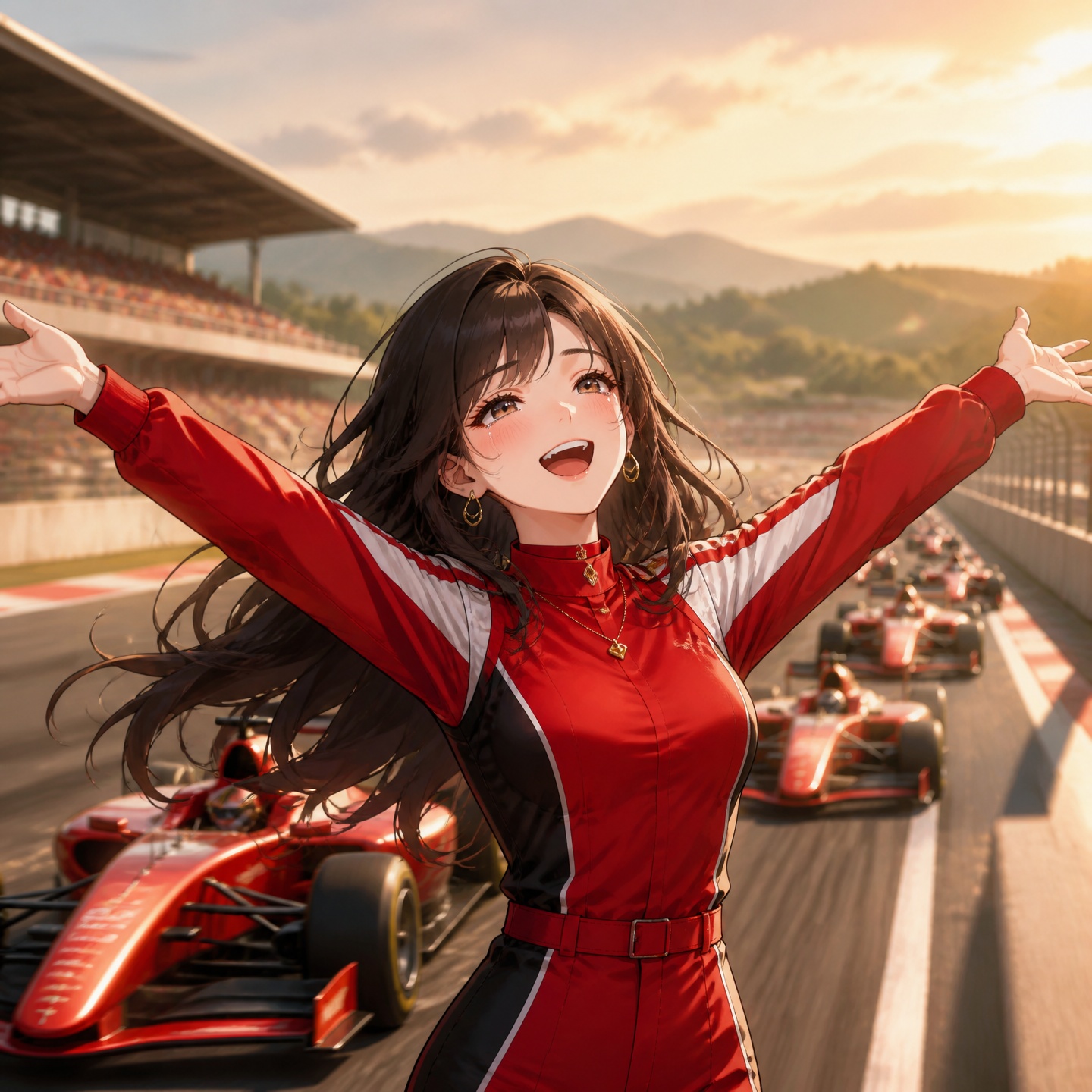 スペインGP決勝、夕陽に照らされるサーキットを疾走する赤いレーシングカーの群れ
